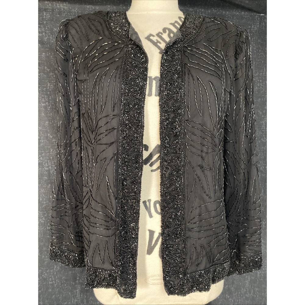 VTG 80s 90s BRILLIANTE BY‎ J.A. SEQUIN & SILK BLACK JACKET TOP SIZE LARGE
